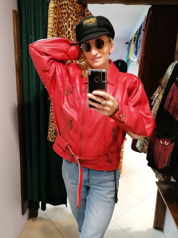 leather red jacket, leather ramones jacket,pilot j