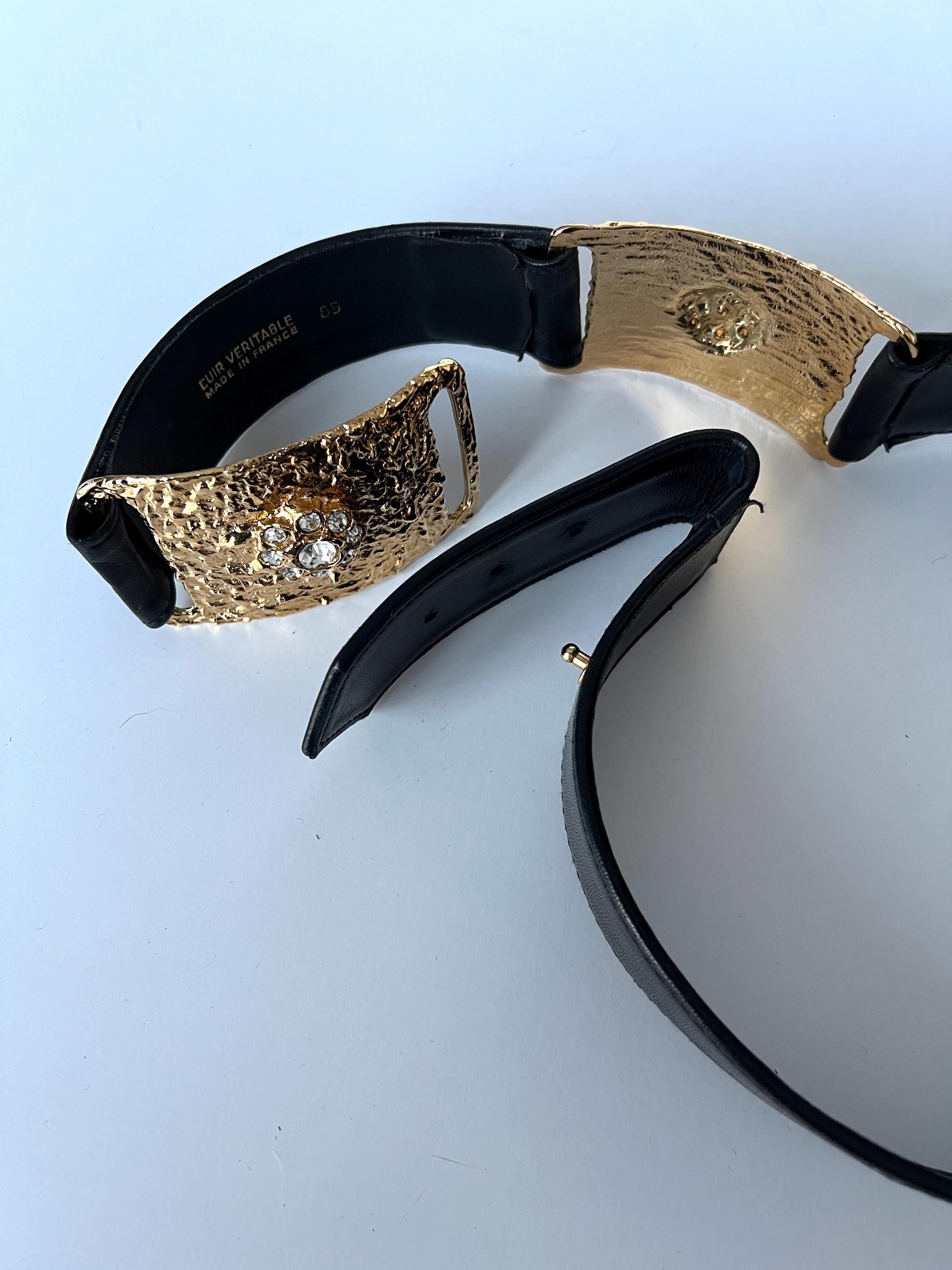 Christian Lacroix Black Belt with Gold Accent Saint Laurent Double-Buckle Croc-Embossed Leather Belt  main image 2