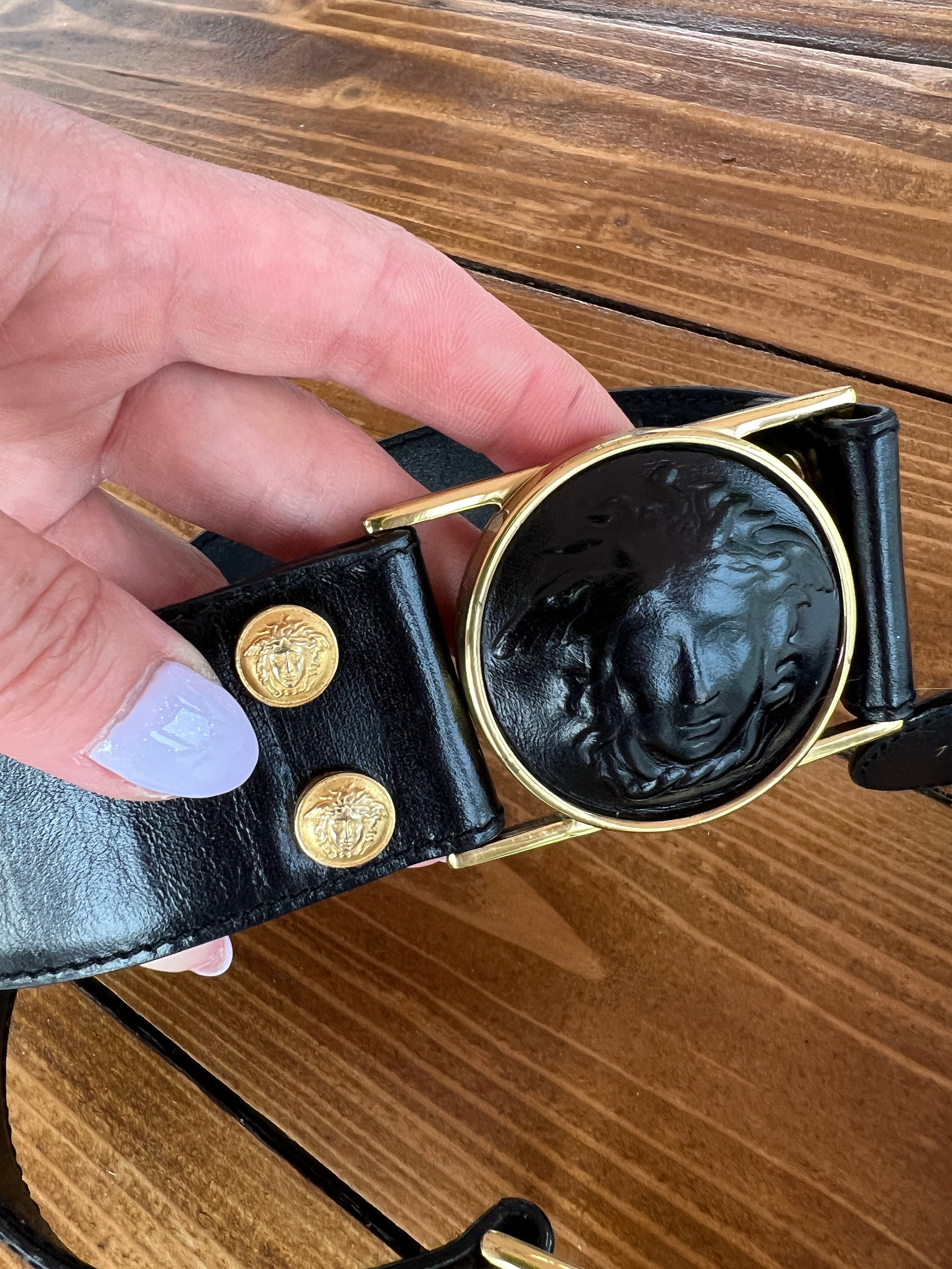 Versace Vintage Medusa Black Leather Gold Accents Belt Gianni Versace Vintage Black Leather Medusa Station Belt  main image 4