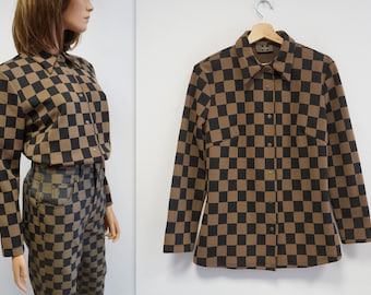 Fendi monogram blouse, vintage monogram check brown collar blouse, Fendi Roma shirt blouse