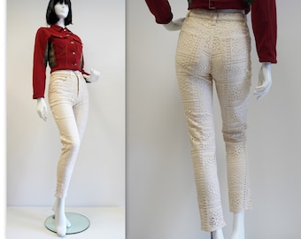 Moschino Jeans, lace pants, beige vintage openwork Moschino Jeans pants trousers, medium size