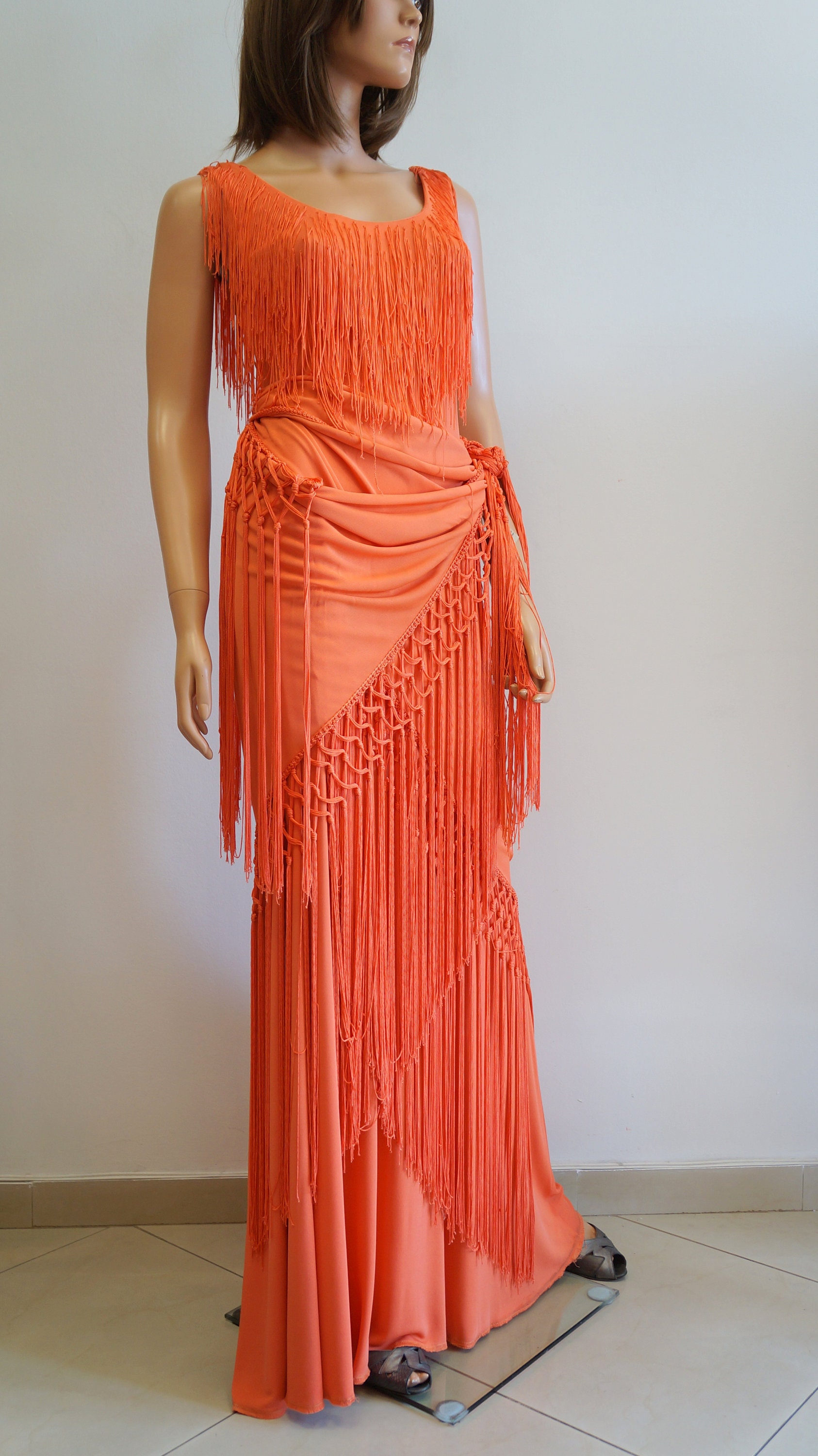 Orange fringe maxi dress long orange dress fringe dress Etsy