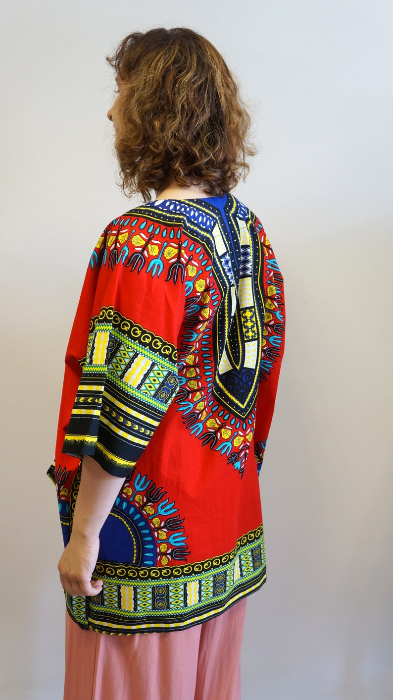 red blue oversize blazer red vintage shirt African cotton multicolor blouse,Dashiki print