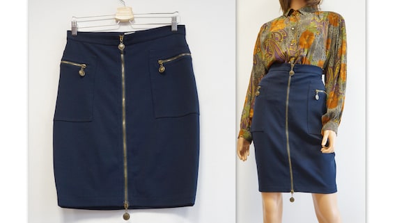 Moschino Jeans Sirt, Zip Navy Blue Skirt, Heart Zip, Elastic