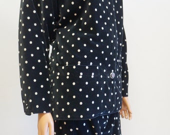 Versace Vintage Velvet Suit Set Polka Dot Jacket Skirt, Made in Italy, 80s retro dress suit