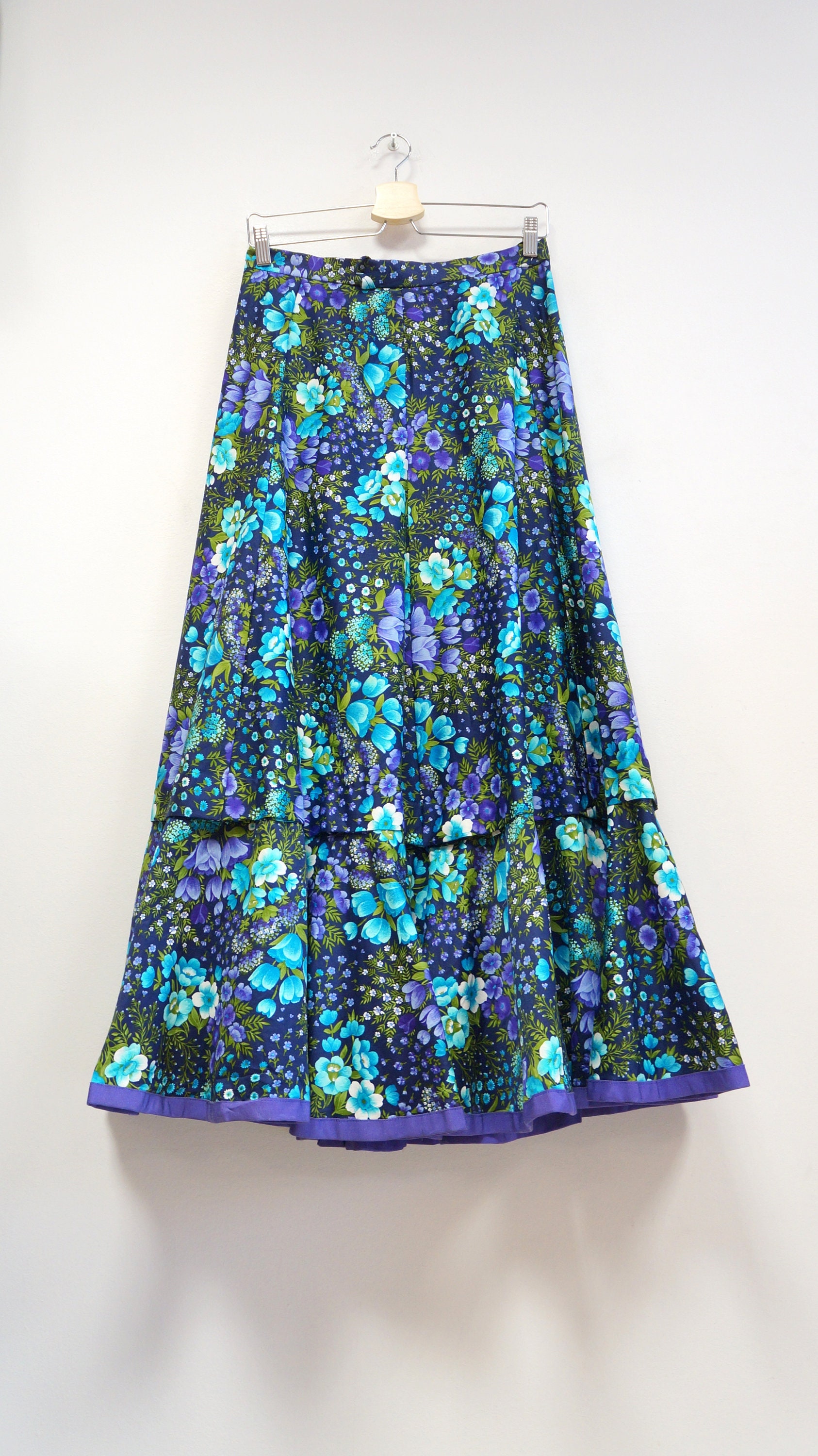 long skirt large size medium maxi blue skirt frills skirt belt floral vintage floral frills skirt
