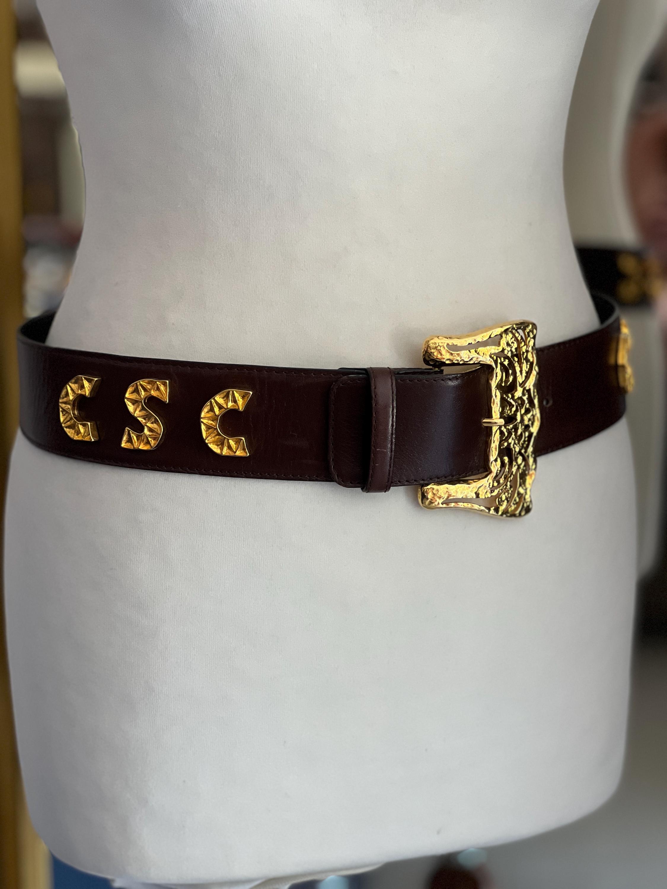 Vintage Escada Brown Leather Belt With Gold Buckle & Logo  display picture 3
