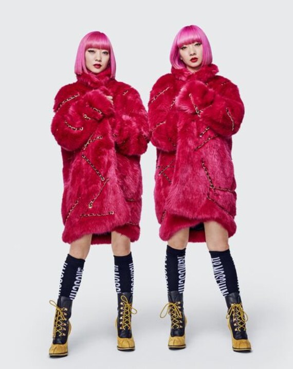 Moschino faux fur, pink fur jacket, gold chain jac