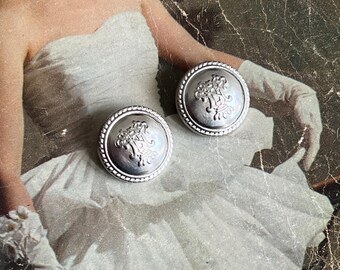 Silver Crest Clip-On Earrings – Upcycled Vintage Button Jewelry, gift for her, unique earrings
