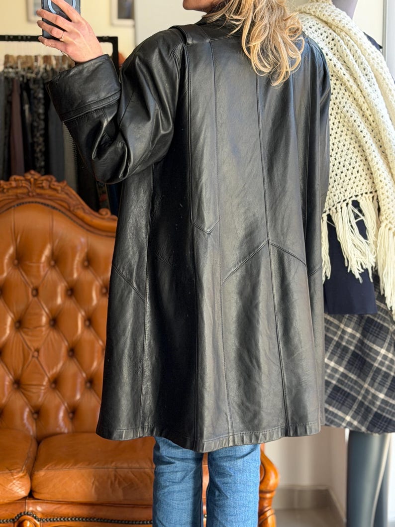 Vintage Black Leather Coat Minimalist Oversize Jacket Quiet Luxury 90s image 13