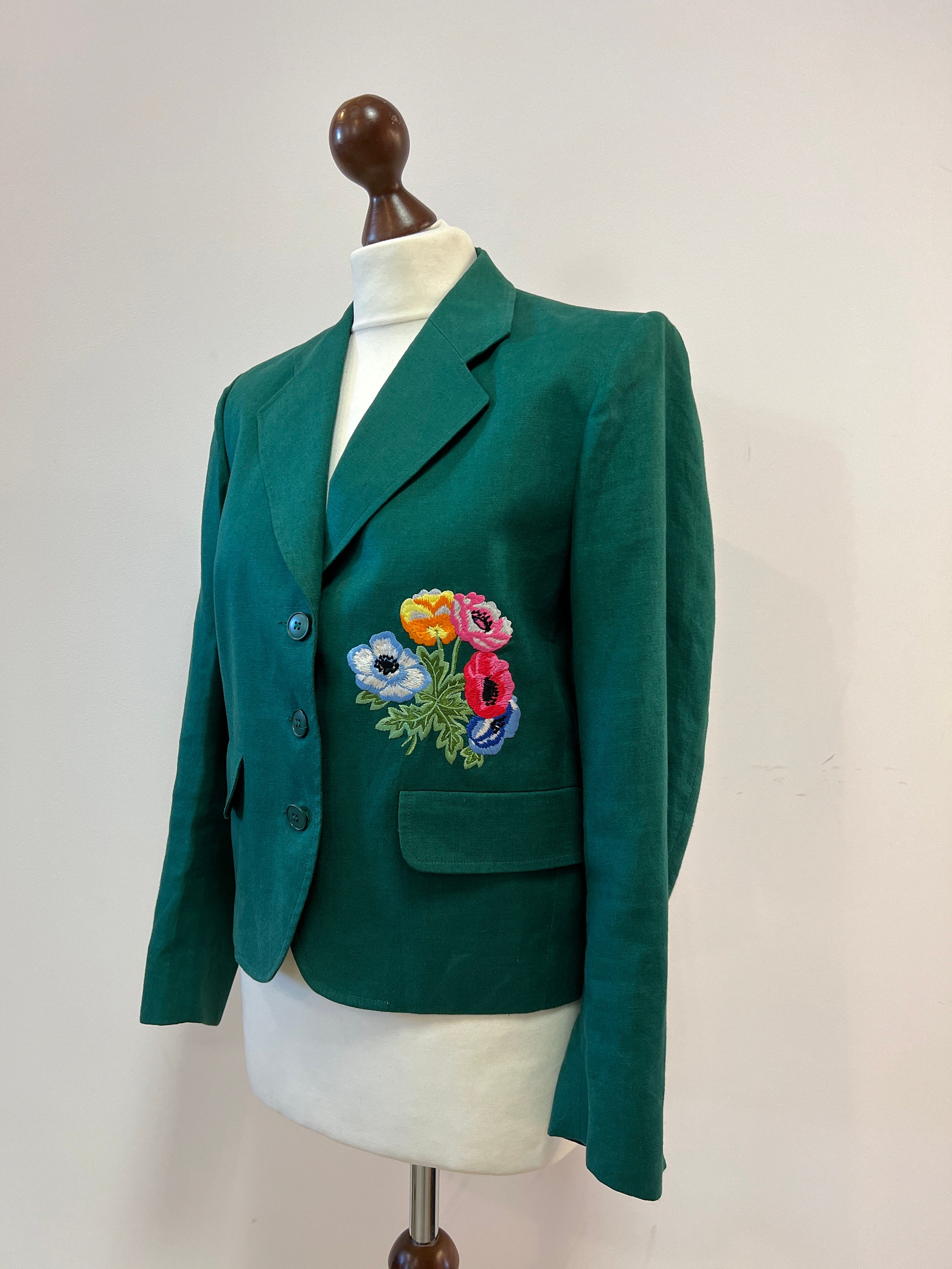 Vintage Kenzo Paris Floral Embroidered Green Linen Blazer