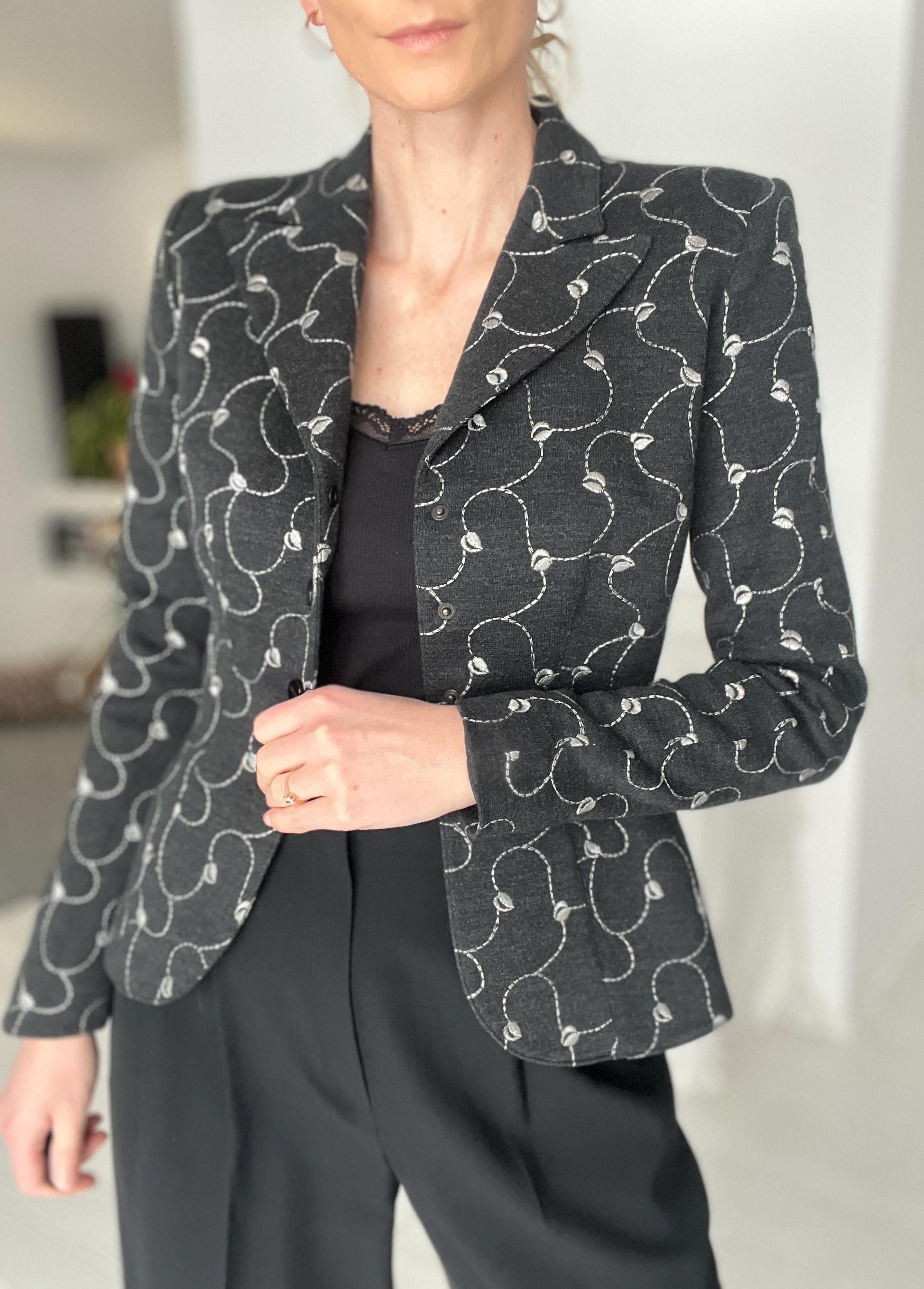 Mugler Grey Blazer Jacket, Embroidered Wool Acrylic Waisted