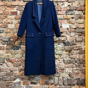 Vintage Louis Féraud Wool Cashmere Coat – Navy Blue Long Designer Coat – Made in Germany – Small Medium – Elegant Winter Outerwear