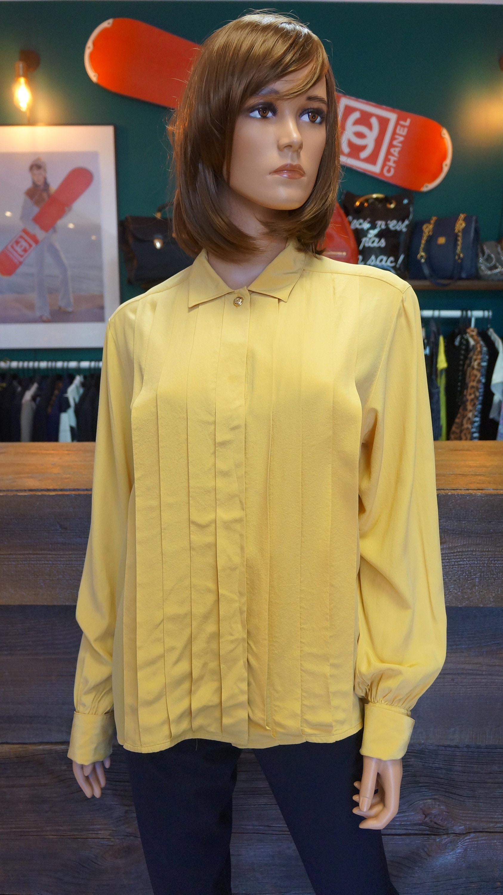 Vintage Chanel Blouse Silk Shirt Yellow Shirt Blouse Pleats 