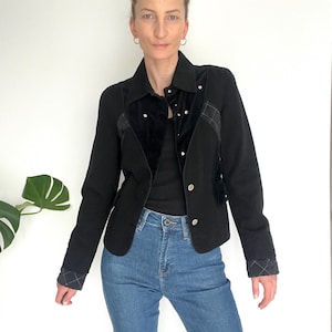 Vintage Thierry Mugler 90s Black Silk & Denim Jacket – Quilted Inserts, Fitted Waist