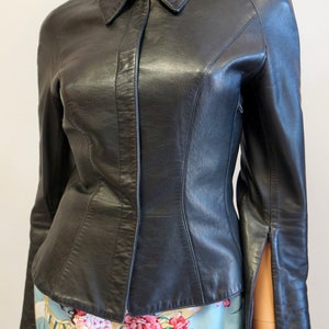 Thierry Mugler leather lamb jacket blazer ,Black leather Mugler jacket, size small medium image 2