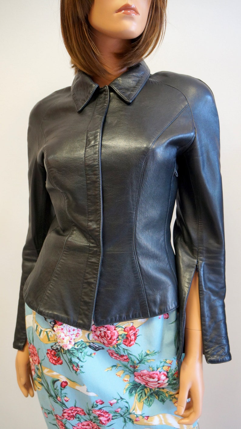 Thierry Mugler chaqueta de cordero de cuero blazer, chaqueta de mugler de cuero negro, tamaño pequeño mediano imagen 2