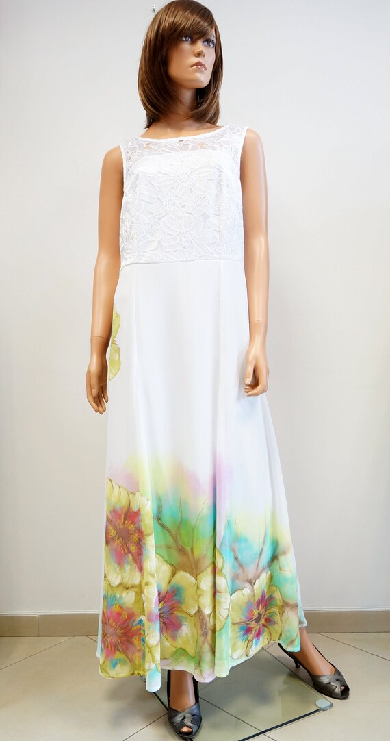 hand painted dress, white wedding dress, lace maxi