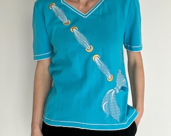 Chemisier en coton bleu vintage des années 80 avec corde et nœud appliqués – M/L, nœud à pois