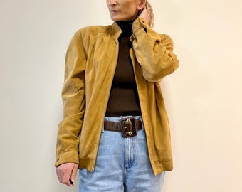 suede leather bomber jacket, vintage italian unisex rubber waist beige mustard jacket real lather, oversize