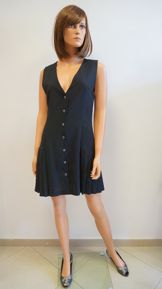CACHAREL vintage black mini dress, pleated dress,