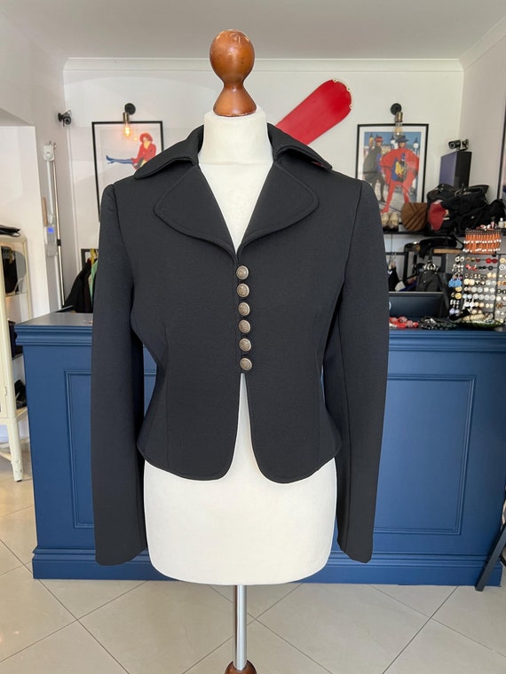 Moschino short blazer jacket, vintage black Moschino jacket, logged buttons, large size