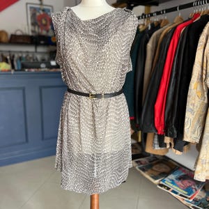 Vintage Italian Sheer Blouse: Beige Brown Micro Print, Sleeveless 3XL