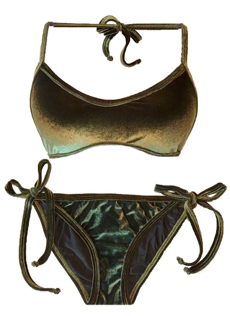 Olive Green Velvet Bikini // Adjustable Bikini Bottoms // Full | Etsy