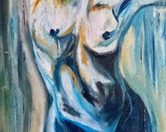 May include: An abstract oil painting of a torso, rendered in shades of blue, white, and gold. The artwork depicts a figure with arms raised, showcasing a blend of fluid brushstrokes and textured paint, creating a sense of movement and form.