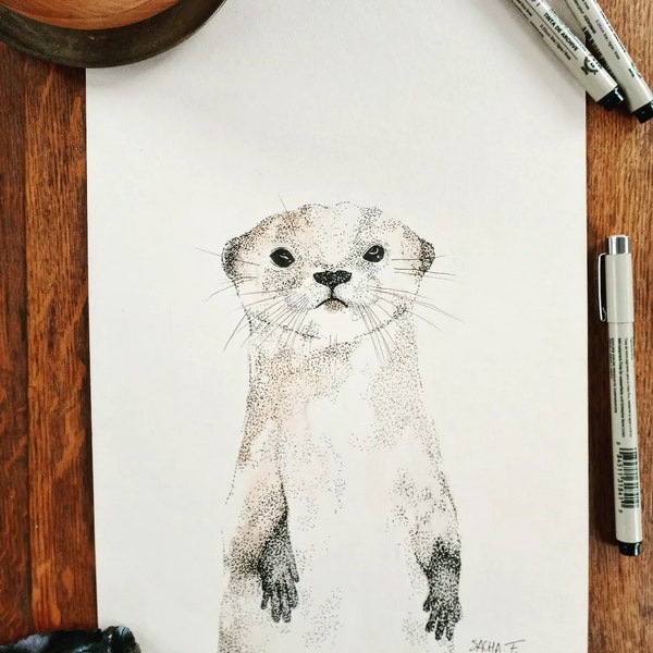 Illustration Unique Loutre Ink Dot Aquarelle