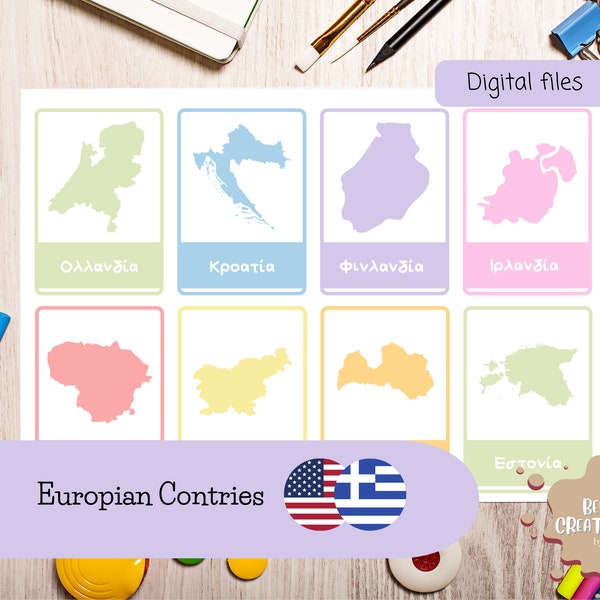 GRIECHISCHE und ENGLISCH Bildkarten mit den Europäischen Ländern. Druckbare Karten zum Lernen der Länder Europas.