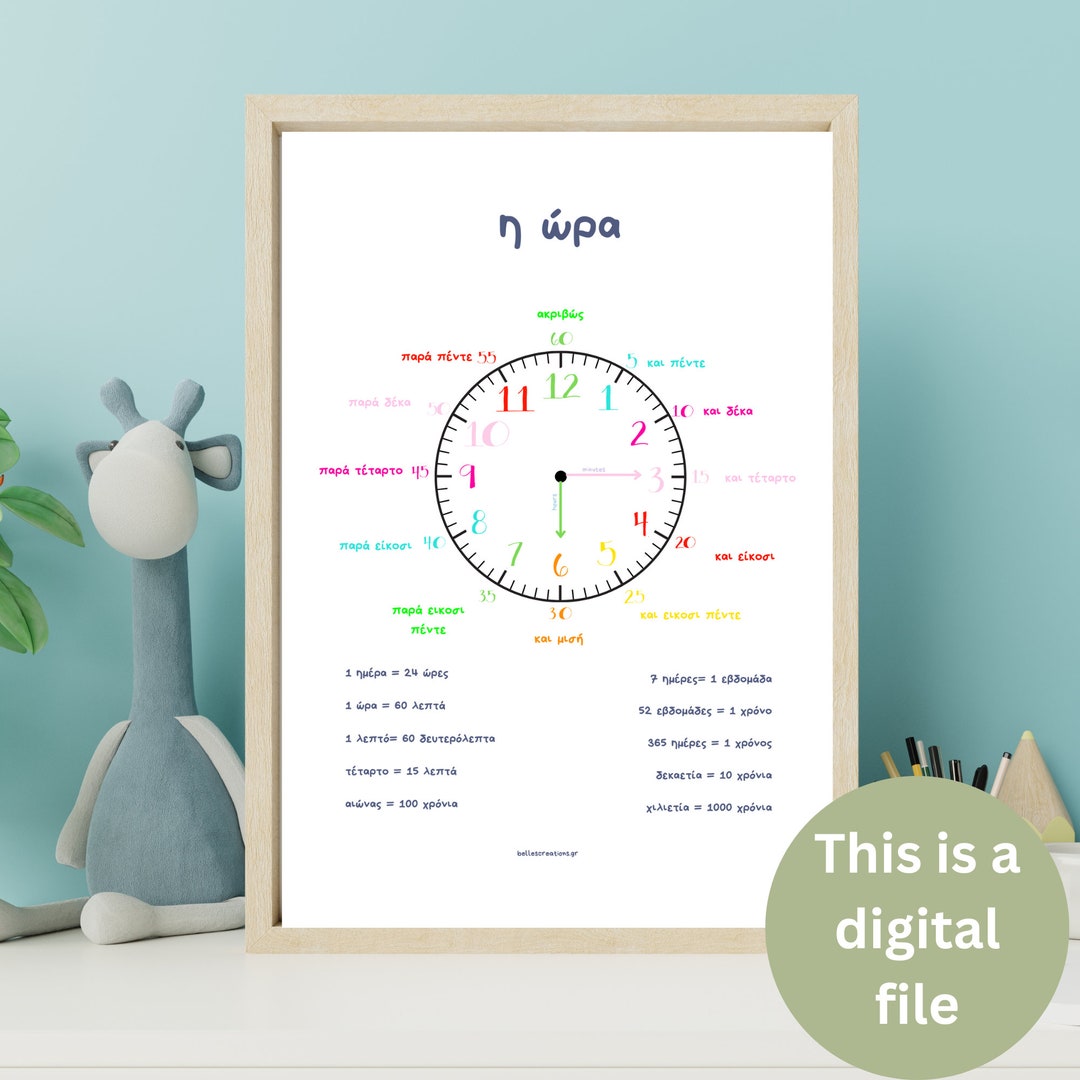 Printable POSTER With the TIME in GREEK Learning the Time With This