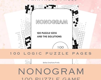 Könnte beinhalten: Ein druckbarer digitaler Download von 100 Nonogramm-Logikrätseln. Jedes Rätsel besteht aus 15x15 Quadraten und enthält die Lösungen. Der Text "NONOGRAM 100 PUZZLE GAME" befindet sich am unteren Rand der Seite.