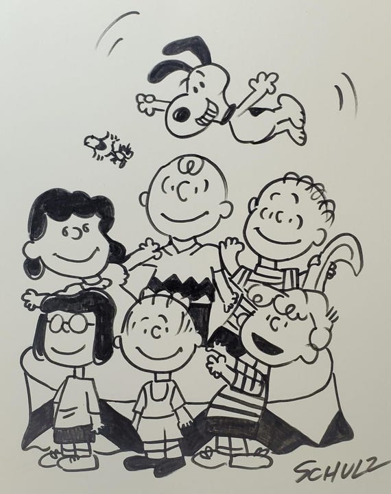 チャーリーブラウンと愉快な仲間たち、誕生75周年記念鉛筆デッサン。 スヌーピーのキャラクターの絵、チャーリー・ブラウン・ウッド