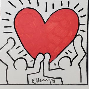 Arte espressionista a colori, disegno dipinto, pop-art, opera d'arte moderna, disegno di cuori e persone di Keith Haring, carta per acquerello, opera d'arte d'amore,