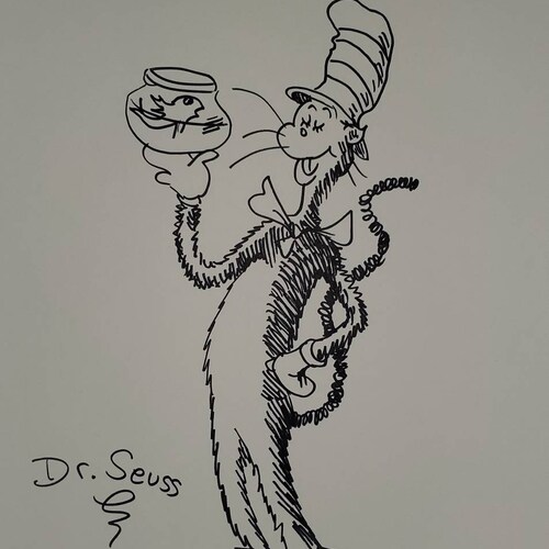 Dr Seuss Character Drawing, Color Cat in the Hat Artwork, Dr. Seuss Drawing, illustration shops Art - Estate found Artwork, Illustration Art