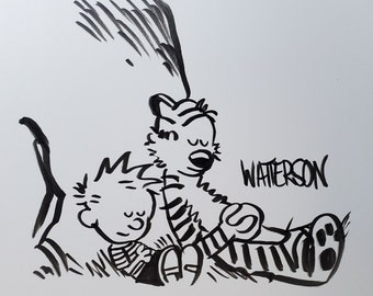 Calvin and Hobbes Ink comic drawing, cartoon illustration Bill Watterson art, artwork, Calvin & Hobbs artwork