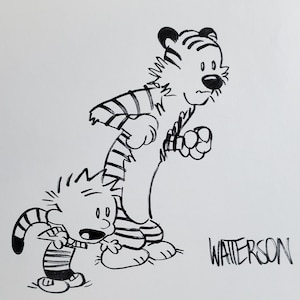 Calvin Hobbes, dibujo a tinta, obra de arte, cómics, ilustración de dibujos animados, dibujo a tinta de Calvin y Hobbes sobre papel, cómic de dibujos animados para niños