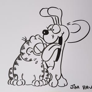 Ilustración de cómic de Garfield en tinta sobre papel, dibujo a tinta de dibujos animados de GARFIELD, arte de gato en papel, dibujo artístico de Jim Davis, dibujo de Garfield en papel