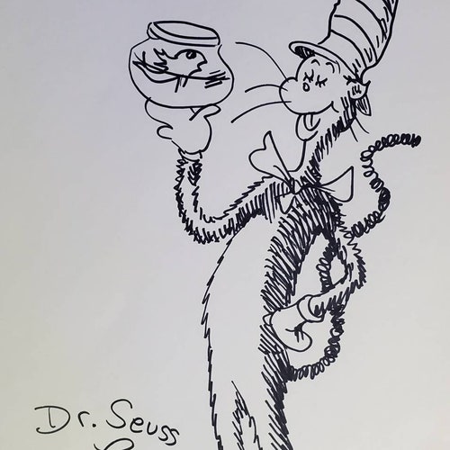 Dr Seuss Character Drawing, Color Cat in the Hat Artwork, Dr. Seuss Drawing, illustration shops Art - Estate found Artwork, Illustration Art