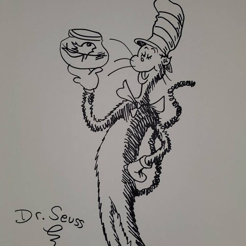 Dr Seuss Character Drawing, Color Cat in the Hat Artwork, Dr. Seuss Drawing, illustration shops Art - Estate found Artwork, Illustration Art