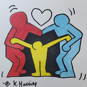 Disegno dipinto a mano di cuori e persone, opera d'arte a colori, disegno dipinto, pop-art, opera d'arte moderna, Keith Haring, carta per acquerelli, opera d'arte d'amore