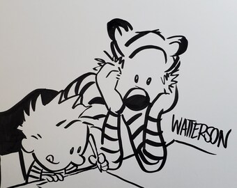 Calvin and Hobbes Ink drawing, comics cartoon illustration, Bill Watterson art, artwork, Calvin & Hobbs artwork