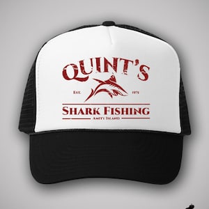 Quints Shark Fishing Hat - shark movie trucker, 70s retro movie trucker, 1970s vintage horror film, old school snapbacks, cult classic