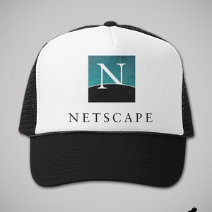 May include: A black and white trucker hat with a white front panel featuring the Netscape logo. The logo is a blue and black square with a white "N" inside. The text "NETSCAPE" is printed in black below the logo.