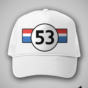 May include: White trucker hat with a red, white, and blue stripe and a white circle with the number 53 in black.
