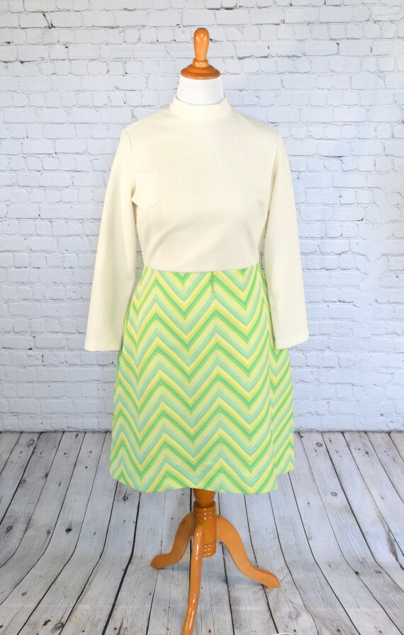 L/XL 70s Chevron Dress Long Sleeve Vintage Chevron