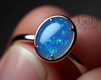 White Gold Blue Opal Ring Engagement Ring Gold Blue Oval Opal Engagement Ring Blue Opal Ring Green Opal Gold White Gold Green Opal Ring