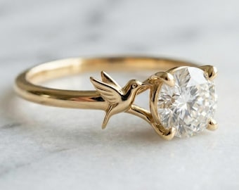 Solid Gold Hummingbird Engagement Ring: Bird Diamond Ring in Yellow, White, Rose, or Silver