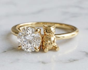 Solid Gold Pig Engagement Ring: Farm Diamond Ring in Yellow, White, Rose, or Silver